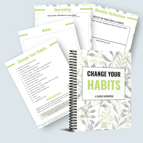 The cover of the Change Your Habits workbook and some sample pages that are in it
