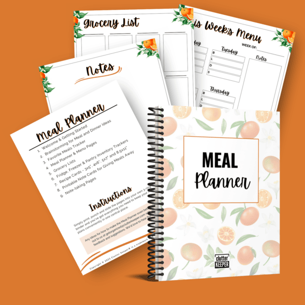 four pages from The Clutter Keeper Meal Planner behind the 3D mockup of the planner