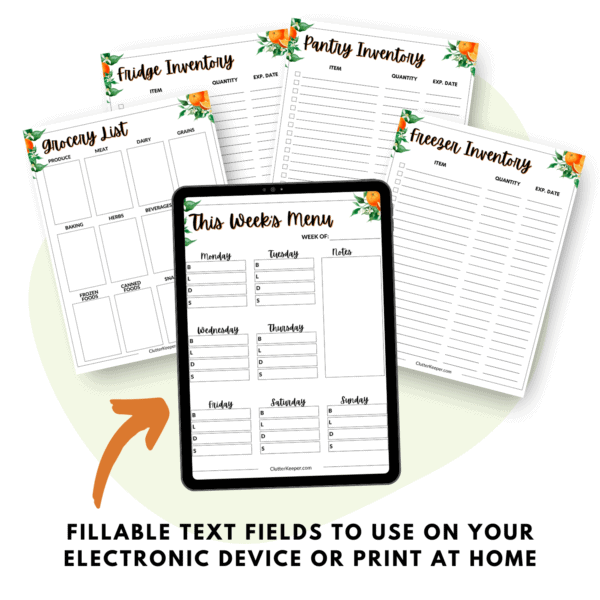 Example pages from The Clutter Keeper Meal Planner and an electronic tablet showing you that the planner has fillable text fields you can use on electronic devices