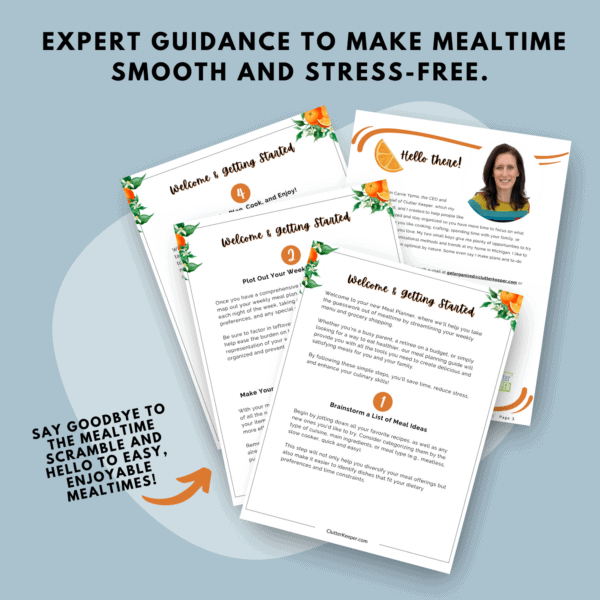 Example pages from The Clutter Keeper Meal Planner that shows the expert tips that are included