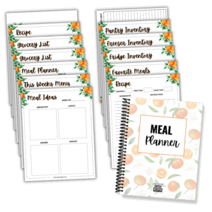 The Clutter Keeper Meal Planner with example pages spread out behind it