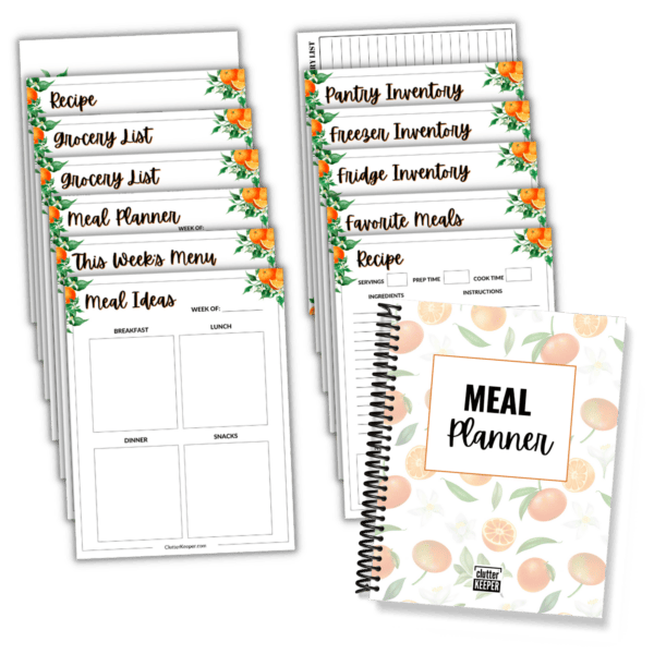 The Clutter Keeper Meal Planner with example pages spread out behind it