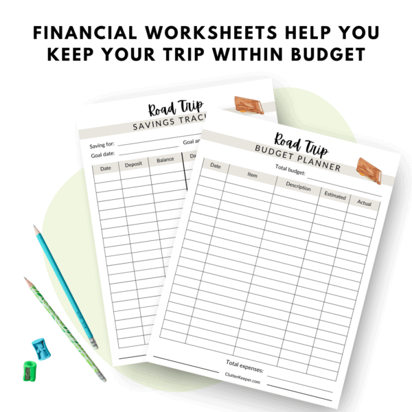 Example pages from the road trip planner - a savings tracker and budget planning worksheet