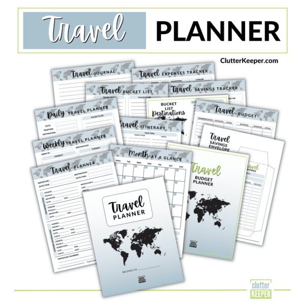 Most of the pages of the travel planner displayed behind the cover