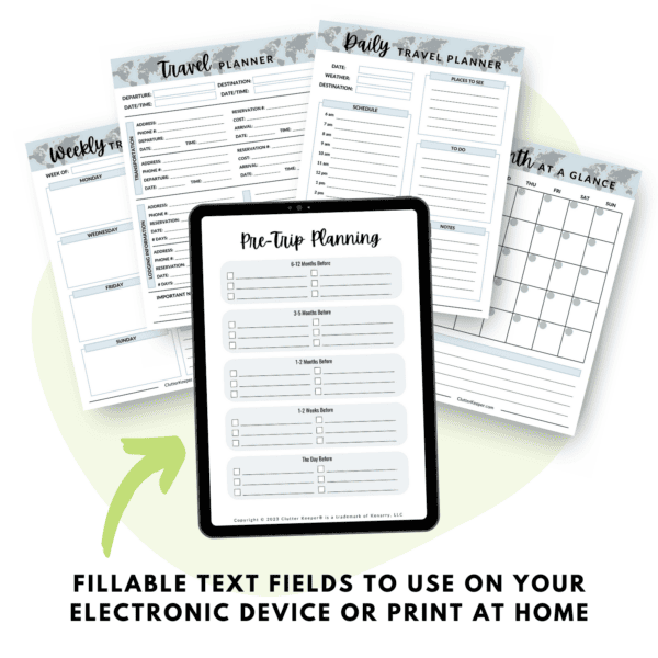 Examples of fillable pages that are in the electronic version of the Clutter Keeper travel planner