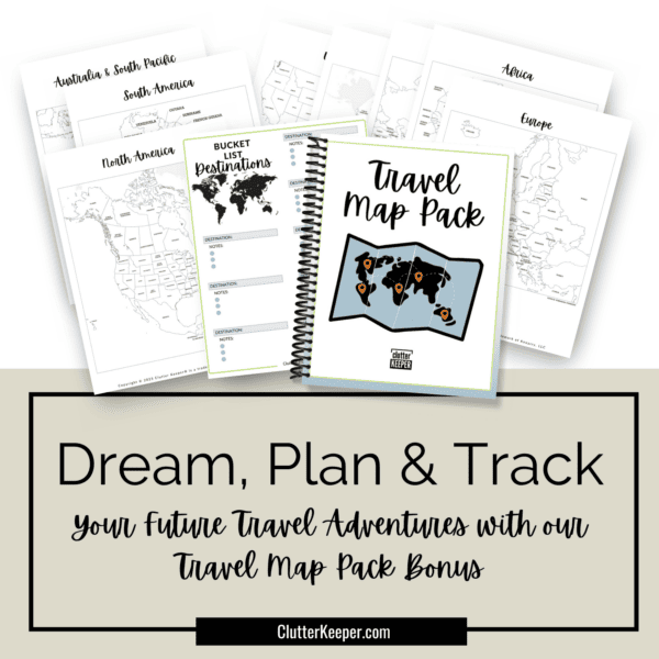 The cover and example pages of the Travel Map Pack that comes with the travel planner