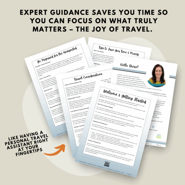 Example pages of the expert tips that are in the Clutter Keeper travel planner