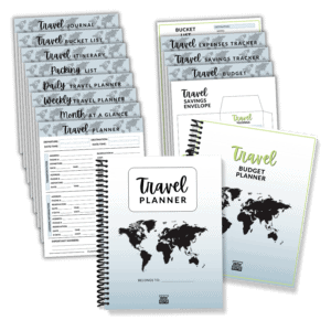 The front covers of both the travel planner and travel budget planner and some examples of planning sheets that are included