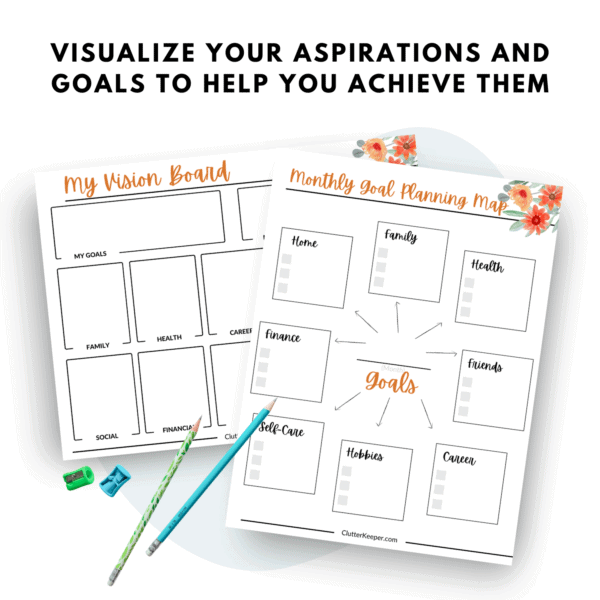 Two pages from the Clutter Keeper yearly planner - a vision board and monthly goal planning map