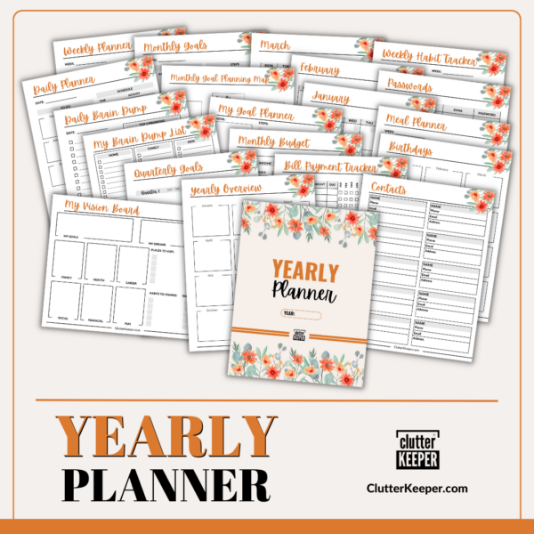 The cover of the Clutter Keeper yearly planner with all the pages behind it