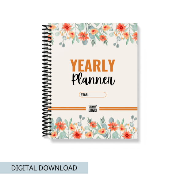 The cover of the Clutter Keeper yearly planner with a blue banner at the bottom that says this is a Digital Download
