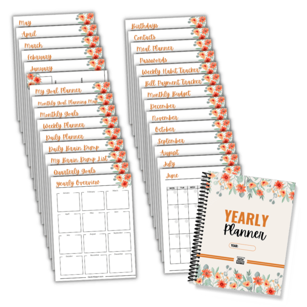 The cover and pages of the Clutter Keeper yearly planner, with orange font and orange florals